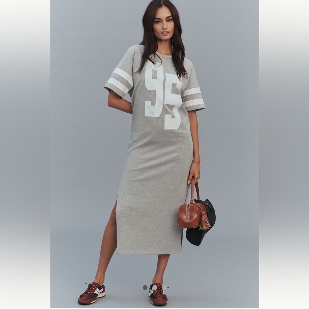 NWT : Anthropologie Graphic 95 Tee Midi Dress Gray Varsity Striped Sleeve Medium